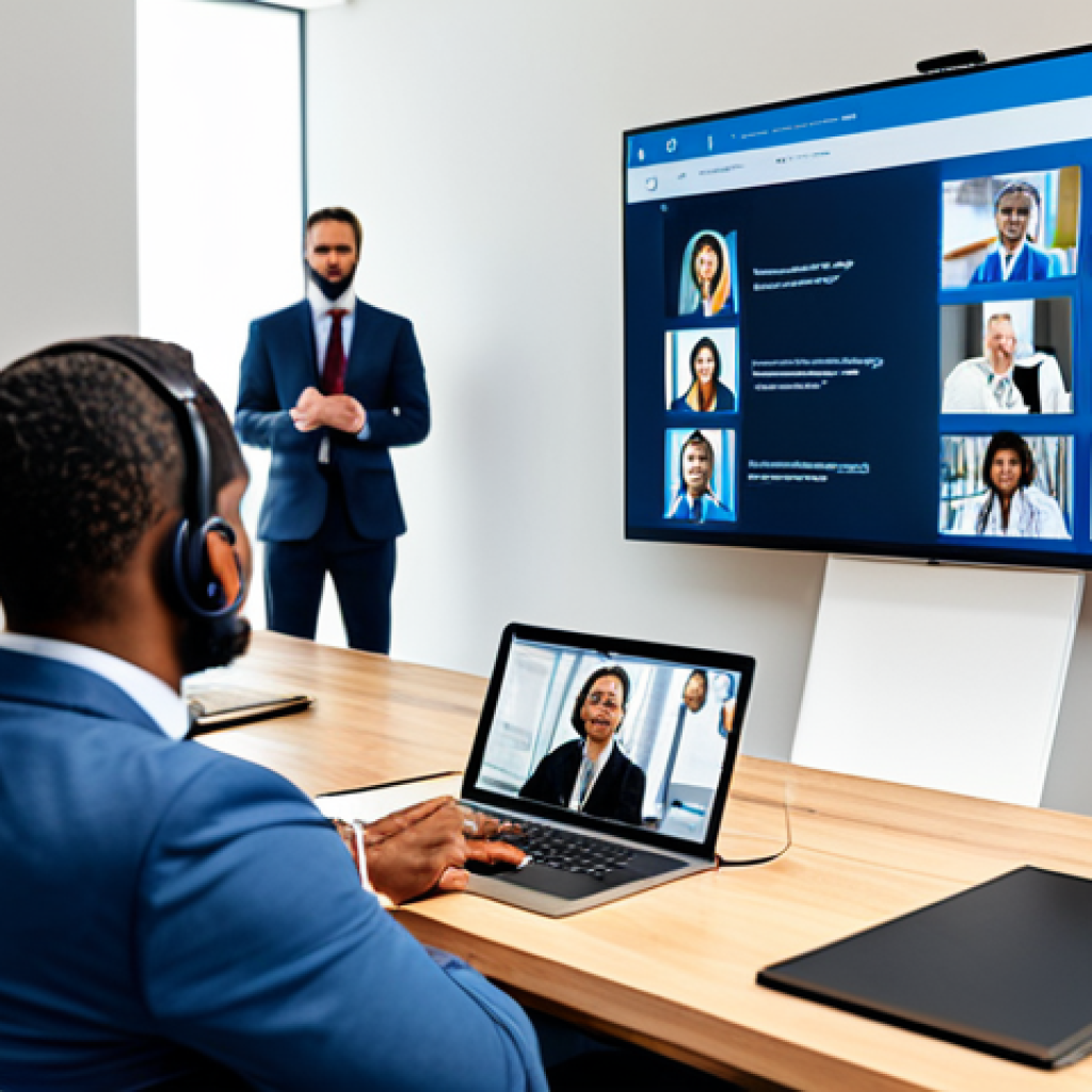 A diverse group of professionals in a modern virtual collaboration setting, displaying active listening and open communication. One leader is seen engaging empathetically with team members on a large video conference screen, while others in the foreground are thoughtfully taking notes. The workspace is bright and organized, with minimalist decor. All subjects are fully clothed in modest business attire, appropriate content, safe for work. Perfect anatomy, correct proportions, natural pose, well-formed hands, proper finger count, professional, high-resolution corporate photography, clean focus, natural lighting.