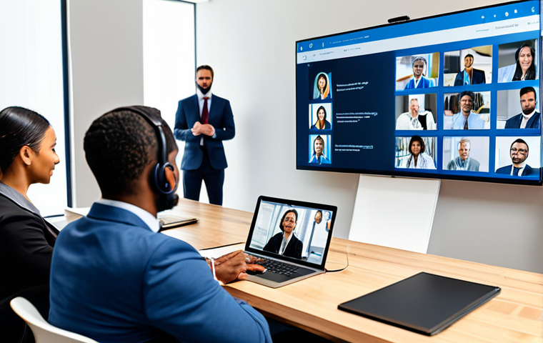 A diverse group of professionals in a modern virtual collaboration setting, displaying active listening and open communication. One leader is seen engaging empathetically with team members on a large video conference screen, while others in the foreground are thoughtfully taking notes. The workspace is bright and organized, with minimalist decor. All subjects are fully clothed in modest business attire, appropriate content, safe for work. Perfect anatomy, correct proportions, natural pose, well-formed hands, proper finger count, professional, high-resolution corporate photography, clean focus, natural lighting.