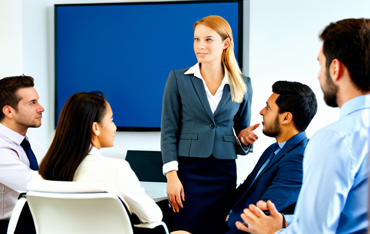 Active Listening in a Corporate Setting**

"A diverse group of colleagues engaged in a business meeting in a modern office, one woman actively listening to a male colleague, showcasing attentive body language, fully clothed in professional business attire, appropriate content, safe for work, perfect anatomy, correct proportions, well-formed hands, natural pose, family-friendly."

**