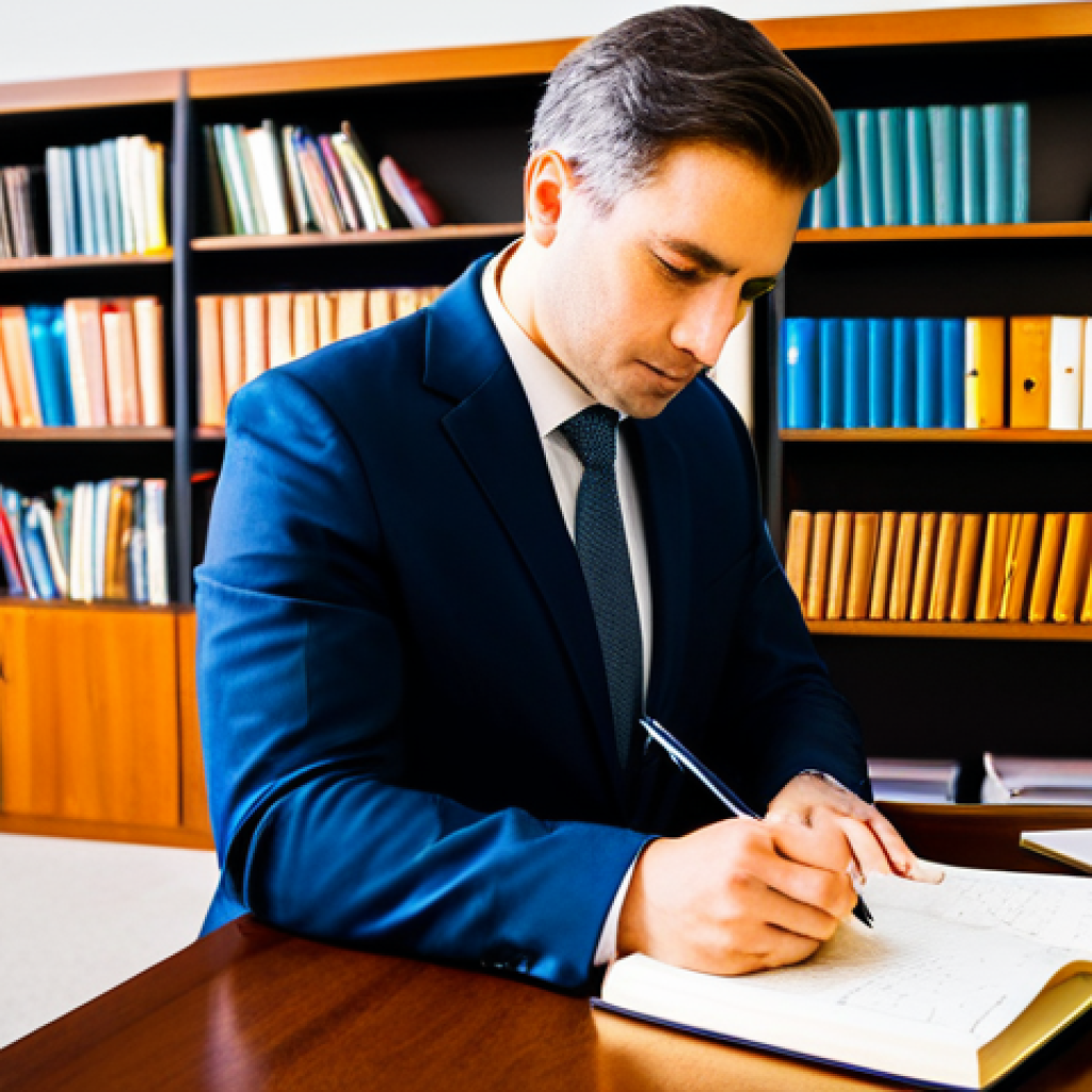 리더십 코치로서의 업무일지 작성법 - **Image Prompt:** A leadership coach in a modern office setting, reviewing handwritten notes in a le...
