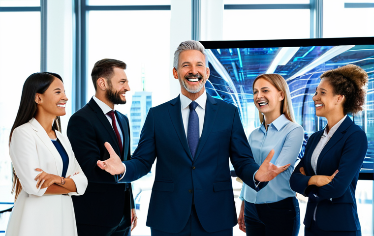 리더십 스타일 분석 - Transformational Leadership in Action**
"A diverse team of professionals collaborating in a bright,...