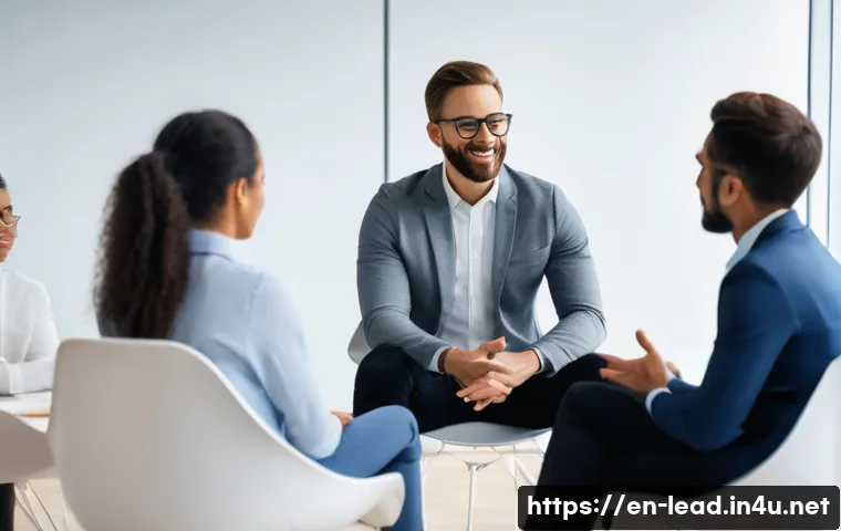 리더십 코칭의 실전 노하우 - A diverse group of professional leaders in a modern, bright office setting engaged in a coaching ses...