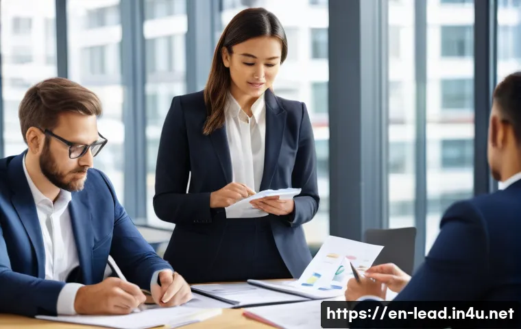 리더십 코치의 실제 사례 연구 - A professional coaching session in a modern office setting, featuring a diverse group of mid-level m...