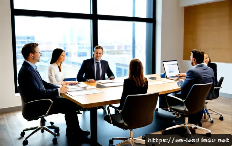 Home 17 이직 시 리더십 역할 강화 - Photorealistic modern corporate meeting in a bright North American office, a confident mid-career pr...